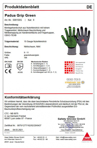 PADUA GRIP GREEN, Montagehandschuh aus Nylon/Nitrilschaum, grau/schwarz/grün - HASE - 508150G